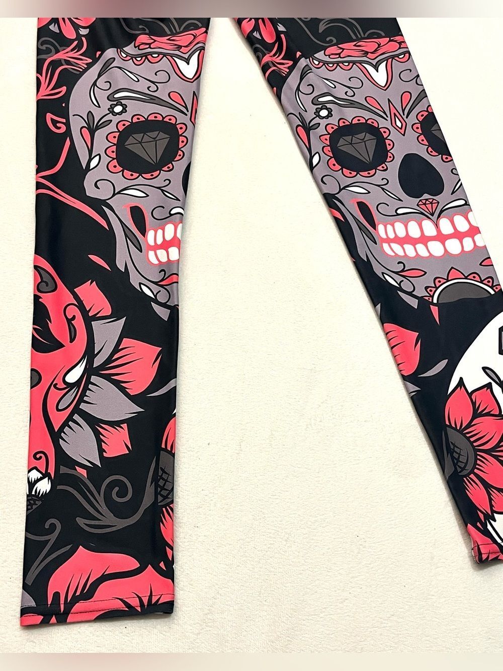 GearBunch Pink White Black Sugar Skull Day of the Dead Women’s Leggings Small - Picture 13 of 16